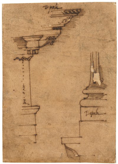 Bir entablatür ve kaide kaidesi tasarımı (kalem ve kahverengi mürekkep, yağlı aydınger kağıdı üzerine) by Raffaello da Montelupo