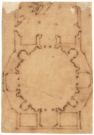 Bir kilisenin zemin planı (kalem ve kahverengi mürekkep, yağlı aydınger kağıdı üzerine) by Raffaello da Montelupo