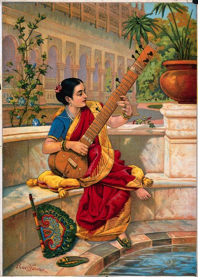 Oturan Hintli bir kadın bir bahçe havuzunun yanında sitar çalıyor. by Raja Ravi Varma