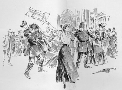 Önlenemez Suffragettes, 27 Ekim 1906'da 'Grafik'te yayınlanan 'Parlamentonun Yeniden Birleştirilmesi' başlıklı bir makaleden Lobide Bir Saptırma Yaratıyor by Ralph Cleaver