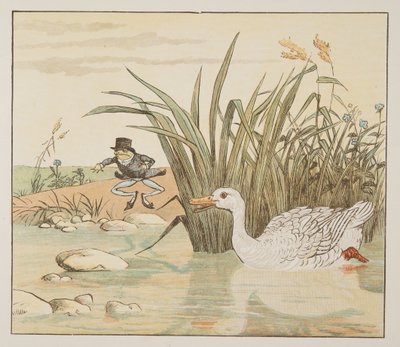 Zambak beyazı bir Ördek geldi ve The Hey Diddle Diddle Picture Book, yayın 1882'den (renkli gravür) onu midesine indirdi. by Randolph Caldecott