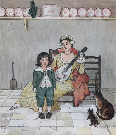 Oliver Goldsmith'in Deli Bir Köpeğin Ölümü Üzerine Bir Ağıt. Usta Bill Primrose hikayeyi söylemeye hazırlanıyor. Randolph Caldecott'un çizimi by Randolph Caldecott