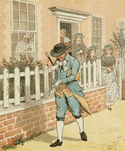 Oliver Goldsmith'in Deli Bir Köpeğin Ölümü Üzerine Bir Ağıt. Islington'ın iyi adamı kiliseye doğru yola çıkıyor. Randolph Caldecott'un çizimi by Randolph Caldecott