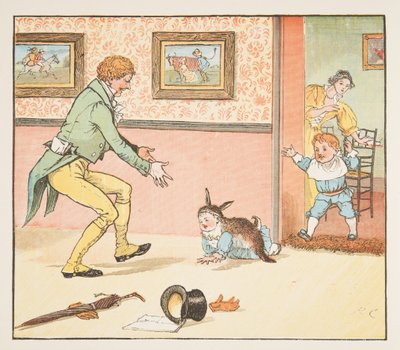 Tavşan Derisine sarılı Bebek Kiraz Kuşu, The Hey Diddle Diddle Resimli Kitaptan, pub.1882 (renkli gravür) by Randolph Caldecott