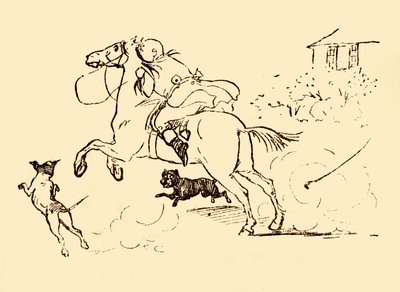 John Gilpin, atı kontrolden çıktığında köpekler tarafından kovalanır, 1878, c1918. by Randolph Caldecott