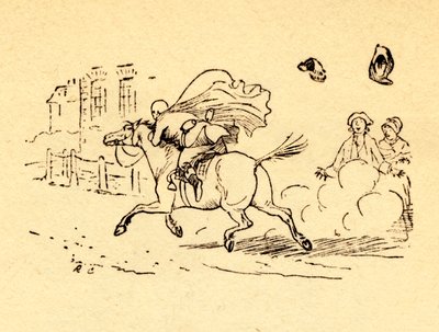 John Gilpins at cıvataları ve şapkası ve peruğu havaya uçtu, 1878, c1918. by Randolph Caldecott