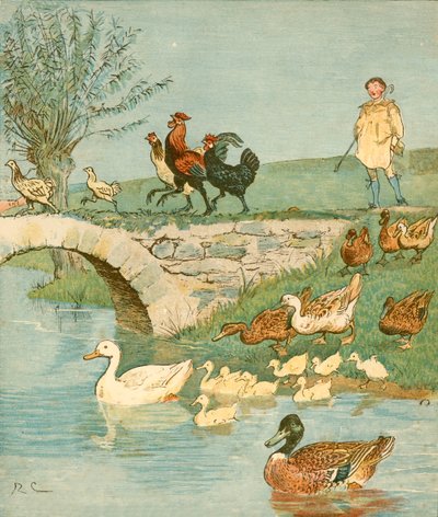 Tavukları ve ördekleri olan Çiftçi Çocuk, c1881. by Randolph Caldecott