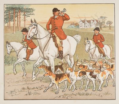 Avcı Kornasını Üfler, The Hey Diddle Diddle Resimli Kitaptan, pub.1882 (renkli gravür) by Randolph Caldecott