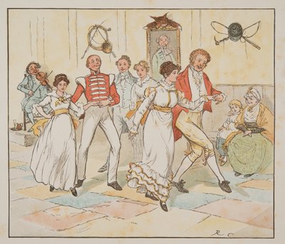 Asker ve Gelini, The Hey Diddle Diddle Resimli Kitaptan, pub.1882 (renkli gravür) by Randolph Caldecott