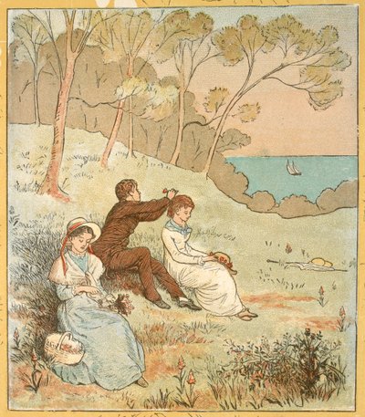 Sahile yakın bir açıklıkta oturan iki kadın ve bir adam. by Randolph Caldecott
