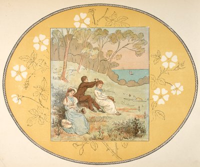 Sahile yakın bir açıklıkta oturan iki kadın ve bir adam. Çiçek sınır. by Randolph Caldecott