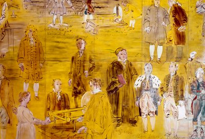 La Fee Electricite, detay: Farklı bilim adamlarının portreleri: Henry Cavendish, Le Monnier, Franz Aepinus, Denis Papin, Joseph Priestley, Luigi Galvani, Carl Friedrich Gauss, Simeon-Denis Poisson, Pierre Simon de Laplace ve Charles de Coulomb. 1937 (boya by Raoul Dufy