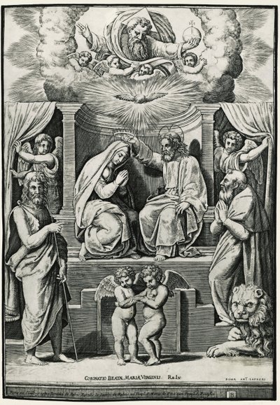 Vaftizci Yahya ve Aziz Jerome'un huzurunda Bakire'nin taç giyme töreni by Raphael (1483 1520) (after)