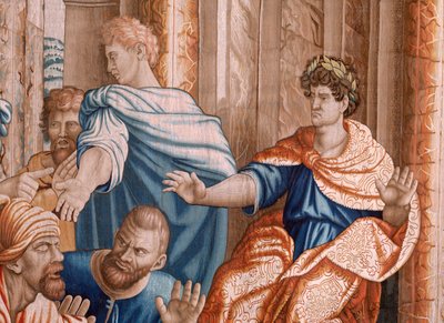 Flaman halısı. Havarilerin Seri İşleri. Elymas kör oldu (La ceguera de Elymas). Serinin yedinci halısı. Model Karikatür Rafael Sanzio tarafından. 1519. Jan Raes II imalatı, Brüksel. 1605-1629. Kumaş İpek ve yün. Boyut 534 x 783 cm. yer bul by Raphael