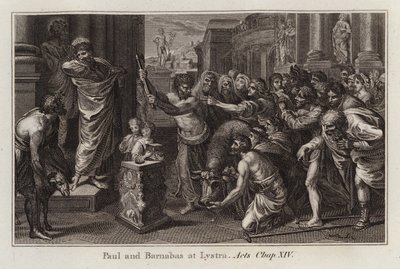 Raphael karikatürü: Paul ve Barnabas, Listra, Elçilerin İşleri, Bölüm XIV (gravür) by after Raphael