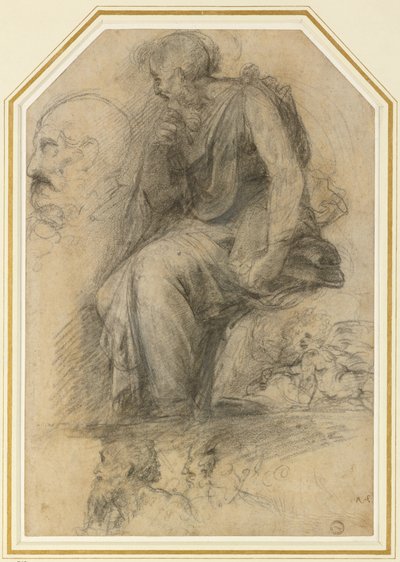 Oturan bir erkek aziz (St Paul): Study for the Disputa, WA1846.189 (beyaz kabartmalı kömür) by Raphael