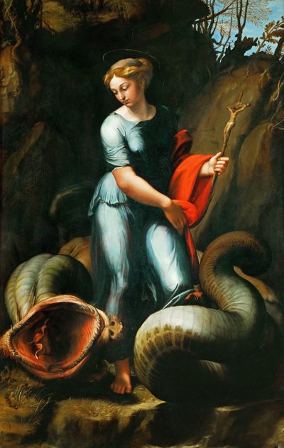 Pisidia Antakyası Margaret (veya Saint Marine, Marina) (305 civarında öldü) - Saint Margaret - Raphael (Raffaello Sanzio da Urbino) (1483-1520). Ahşap üzerine yağlı boya, yaklaşık 1518. Boyut: 191.3x123 cm. Sanat Tarihi Müzesi, Viyana by Raphael