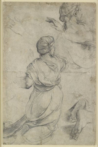 Recto: İki diz çökmüş kadın için çalışmalar, WA1846.198 (siyah tebeşir) by Raphael