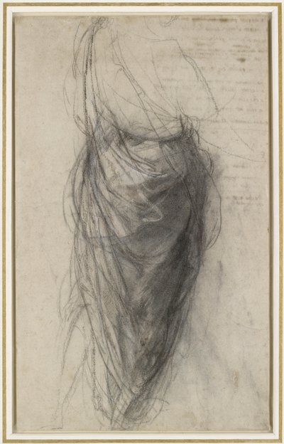 Arkadan Görünümdeki Bir Adamın Perdesi Çalışması (soluk devetüyü kağıt üzerinde kahverengimsi-siyah tebeşirle siyah beyaz tebeşirler, kısmen kütükler) by Raphael