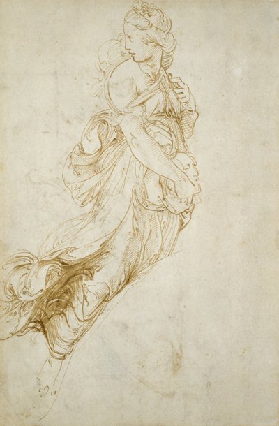 Melpomene Figürü için Çalışma (kirli beyaz kağıt üzerine kalem ve kahverengi mürekkep) by Raphael