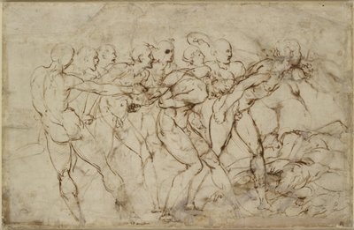 Tutsaklarla çıplak savaşçıların savaşı, WA1846.179 (siyah tebeşir üzerine kalem ve kahverengi mürekkep) by Raffaello Sanzio Raphael