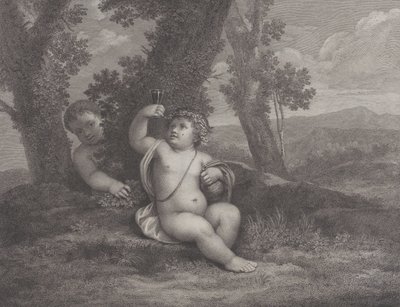 Bir ağacın altında oturan, elinde şarap kadehi tutan bebek Bacchus, arkasında başka bir bebekle..., 1780 by Raphael Morghen