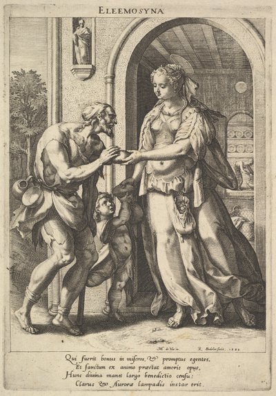 Sadaka vermek: inci başlıklı ve haleli bir kadın, biri..., 1589 olmak üzere iki erkek dilenciye ekmek verir. by Raphael Sadeler