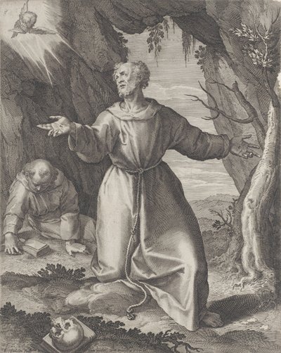 Aziz Francis, kollarını uzatmış diz çökmüş, sol üstte bir melek heykeline bakıyor,..., 1599. by Raphael Sadeler