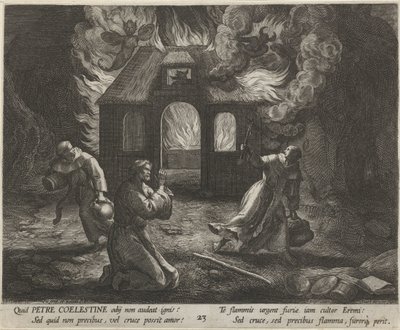 Aziz Peter Celestinus Hermit olarak Münzevilerin Erdemli Hayatları (dizi adı) Trophaeum vitae solitariae (seri başlığı) by Raphaël Sadeler (I)