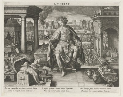Evliliğin kişileşmesi olarak Nuptiae Nvptiae (nesne üzerindeki başlık) Bir Prensin Başlıca Faaliyetleri (dizi başlığı) Şema, seu speculum principum (dizi başlığı) by Raphaël Sadeler (I)