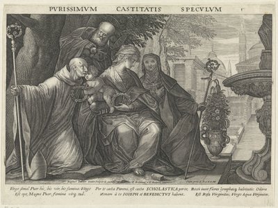 Aziz Benedict ve Aziz Scholastica ile Kutsal Aile iffet aynası Pvrissimvm Castitatis Specvlvm (nesne üzerindeki başlık) İtaat, iffet ve yoksulluğun aynaları (dizi adı) by Raphaël Sadeler (II)