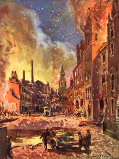 Savaş zamanı İngiliz Ulusal İtfaiye Teşkilatının itfaiyecileri, Blitz, II. Dünya Savaşı sırasında büyük bir bomba kraterini inceliyor by Reginald Mills