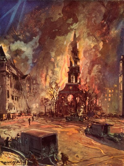 St Clement Danes Kilisesi, Strand, Londra, İkinci Dünya Savaşı sırasında Blitz sırasında yanıyor by Reginald Mills