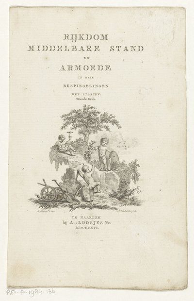 Bir dağ manzarasında öznitelikleri olan üç putti Adriaan Pietersz için başlık sayfası. Loosjes, Üç Yansımada Orta Sınıfın Zenginliği ve Yoksulluk, 1816 by Reinier Vinkeles (I)