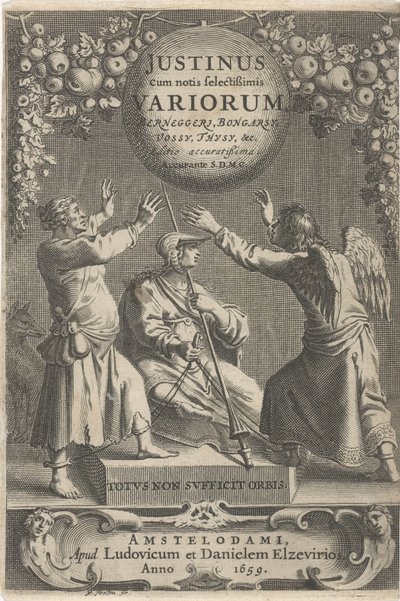 Minerva en twee geketende figürü Başlık sayfası voor: A. Thysius, Justinus ve çeşitli Berneggerj, Bongarsy, Vossy, Thysy, &c, 1659