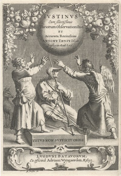 Minerva en twee geketende figürü Başlık sayfası: A. Thysius, Justinus by Reinier van Persijn