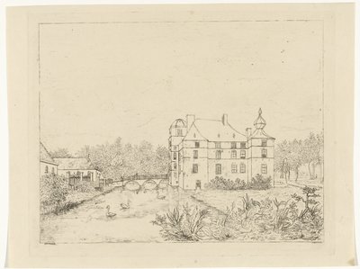 Giriş köprüsünde evleri olan Cannenburch kalesinin yan görünümü by Reinierus Albertus Ludovicus baron van Isendoorn à Blois