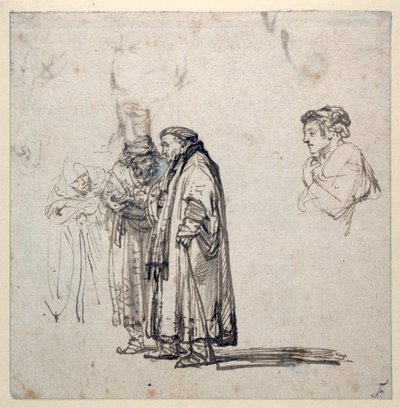 Bir grup yaşlı bilim adamı ve ayrı olarak, genç bir adamın profili (kağıt üzerinde yıkama ve guaj ile kalem ve kahverengi mürekkep) by Rembrandt Harmensz. van Rijn