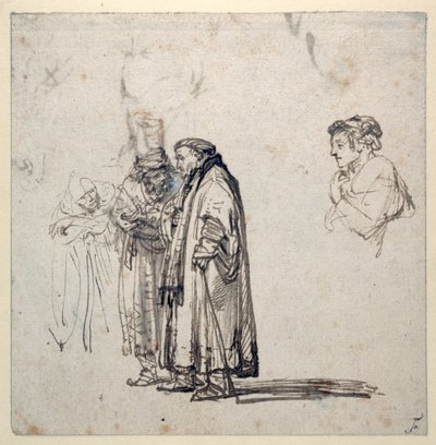 Bir grup yaşlı bilim adamı ve ayrı olarak, genç bir adamın profili (kağıt üzerinde kalem ve mürekkep) (2636120 recto) by Rembrandt Harmensz. van Rijn