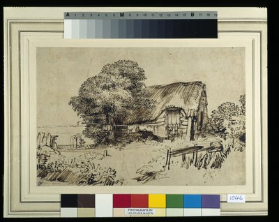 Büyük bir ağacın yanında sazdan bir kulübe, dışarıda oturan bir figür, c.1648-52 (kağıt üzerine kalem ve mürekkep) by Rembrandt Harmensz. van Rijn