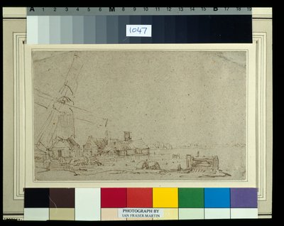 Bir yel değirmeni ve bir grup ev, c.1652-53 (kağıt üzerinde yıkamalı kamış kalem ve mürekkep) by Rembrandt Harmensz. van Rijn