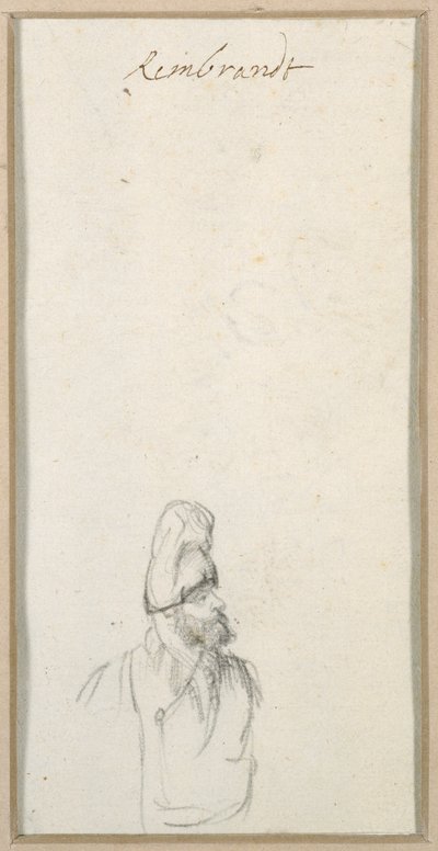 Profildeki sakallı adam, yüksek şapkalı, yaklaşık 1640 (kağıt üzerinde siyah tebeşir) by Rembrandt Harmensz. van Rijn