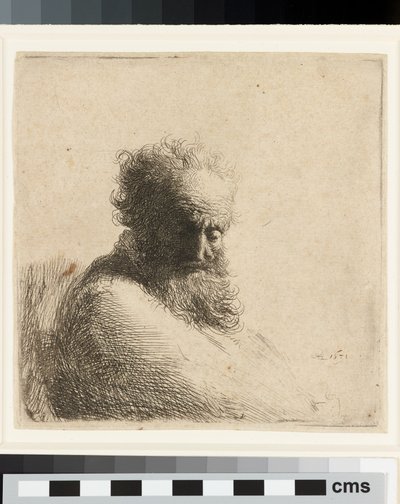 Yaşlı ve sakallı bir adam büstü, aşağı bakıyor, dörtte üçü sağda by Rembrandt Harmensz. van Rijn
