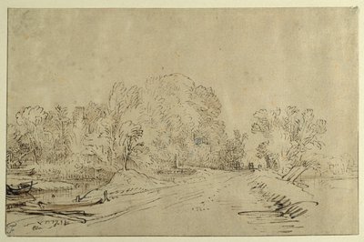 Tekneler, bent yolu ve ağaçları olan kanal (kağıt üzerinde yıkamalı kamış kalem ve mürekkep) by Rembrandt Harmensz. van Rijn