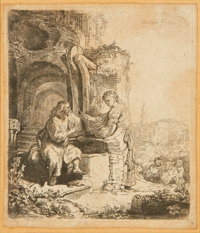 İsa ve Samiriyeli Kadın, Harabeler Arasında (gravür) by Rembrandt Harmensz. van Rijn