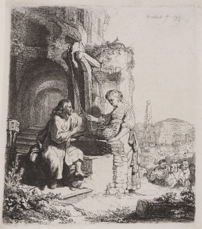 İsa ve Samiriyeli Kadın: Harabeler Arasında by Rembrandt van Rijn