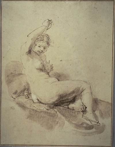 Kolu Kaldırılmış, Uzanmış Kadın Çıplak, 1665 dolayları (bronz renkli kağıt üzerine kalem ve kahverengi mürekkep ve fırça ve kahverengi yıkama) by Rembrandt Harmensz. van Rijn
