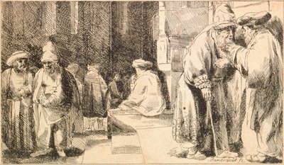 ""Juifs a la sinagog"" (Sinagogdaki Yahudiler) Gravür Rembrandt van Rhijn (1606-1669) - 1648 Dim 7,6x13 cm Yahudi Müzesi, New York by Rembrandt van Rijn
