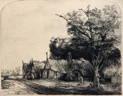Üç Kulübeli Manzara (gravür) by Rembrandt Harmensz. van Rijn