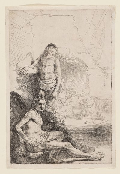 Erkek Çıplak Oturmuş ve Ayakta, yaklaşık 1646 (fildişi kaplı kağıt üzerine gravür) by Rembrandt Harmensz. van Rijn